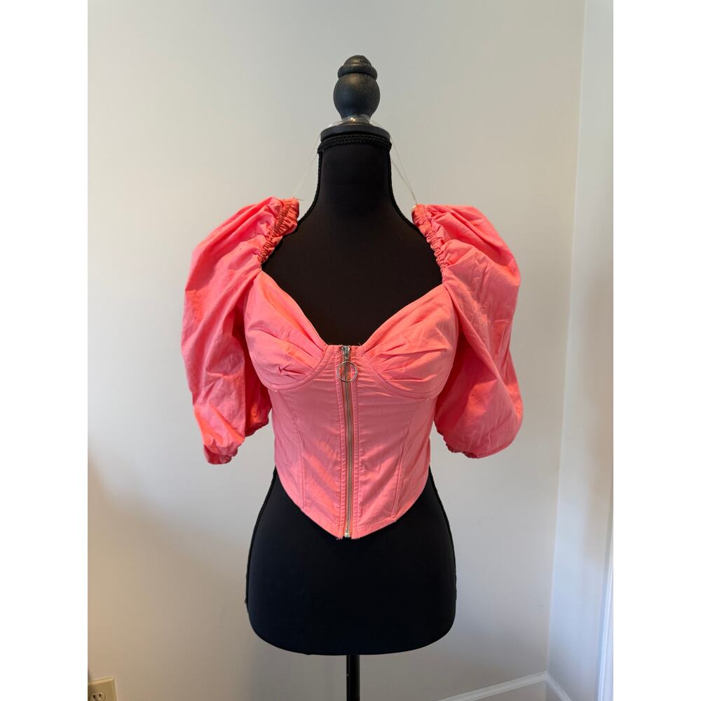 Shero Pink Corset Top with Puff Sleeves and Zip Front